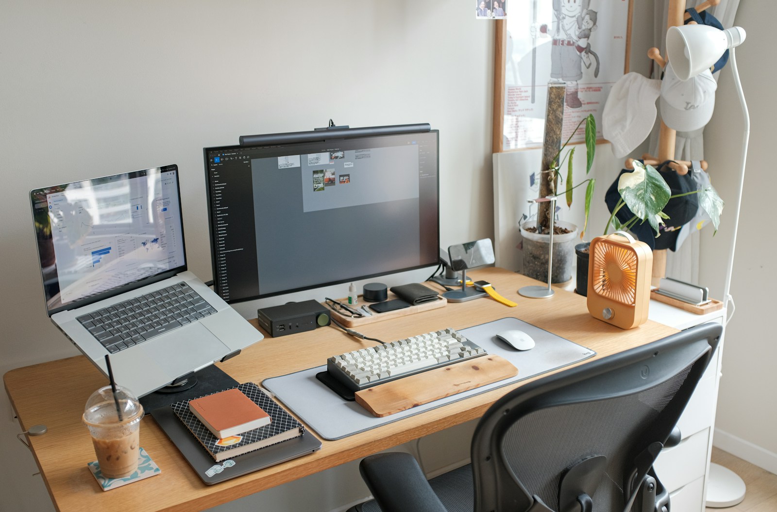 Desk setup with laptop and monitor
